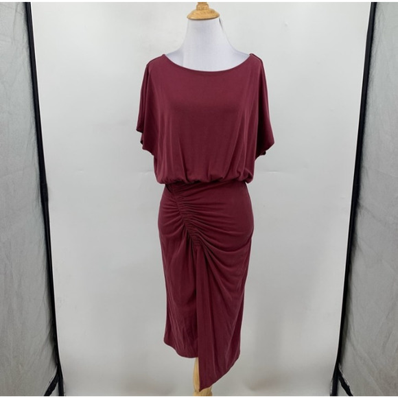 Moulinette Soeurs Dress Womens 2XSP Petite Wine Ruched Boat Neck Bodycon Blouson - Picture 2 of 13